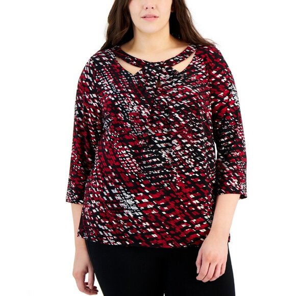 Kasper Plus Size 1X 3/4-Sleeve Twist V-Neck Top Red Black MSRP $79 - Picture 1 of 1